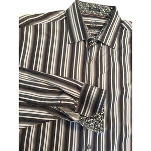 Men's Bugatchi Uomo gray black striped shirt size XL long-sleeved